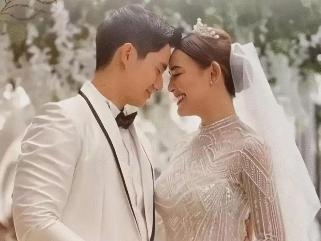 Elegant couple at a wedding.