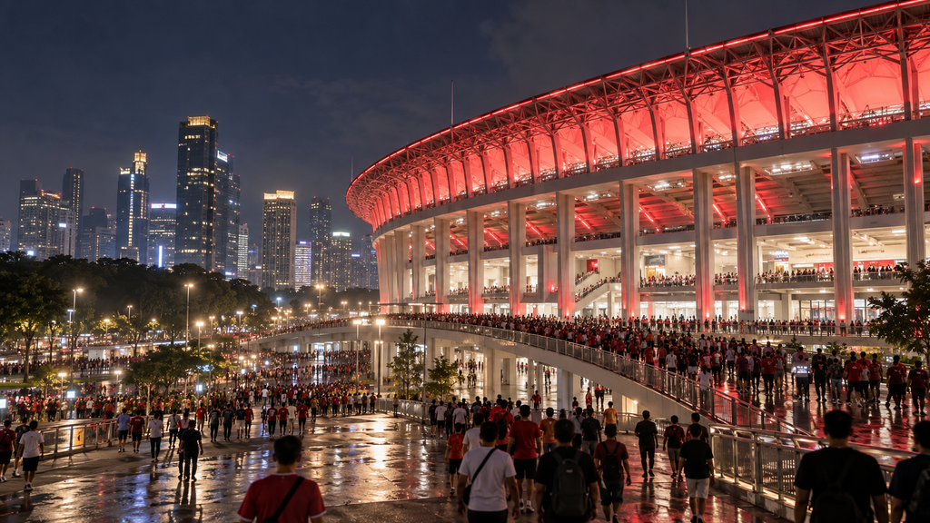 Pemandangan luar Stadion Utama Gelora Bung Karno bermandikan cahaya lampu LED merah-putih di kawasan Senayan Jakarta malam hari.