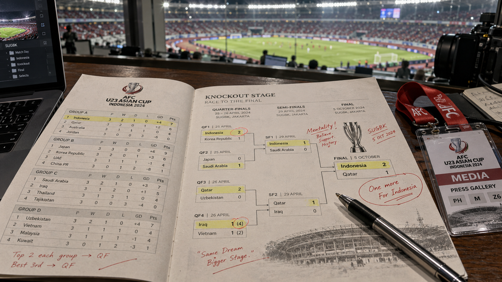 Papan informasi taktis dan jadwal resmi fase gugur menuju partai puncak final FIFA ASEAN Cup 2026 di meja liputan media.